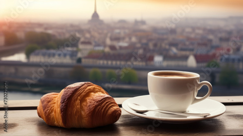 Croissant and cup of coffee table in a cafe, blurred city on the background