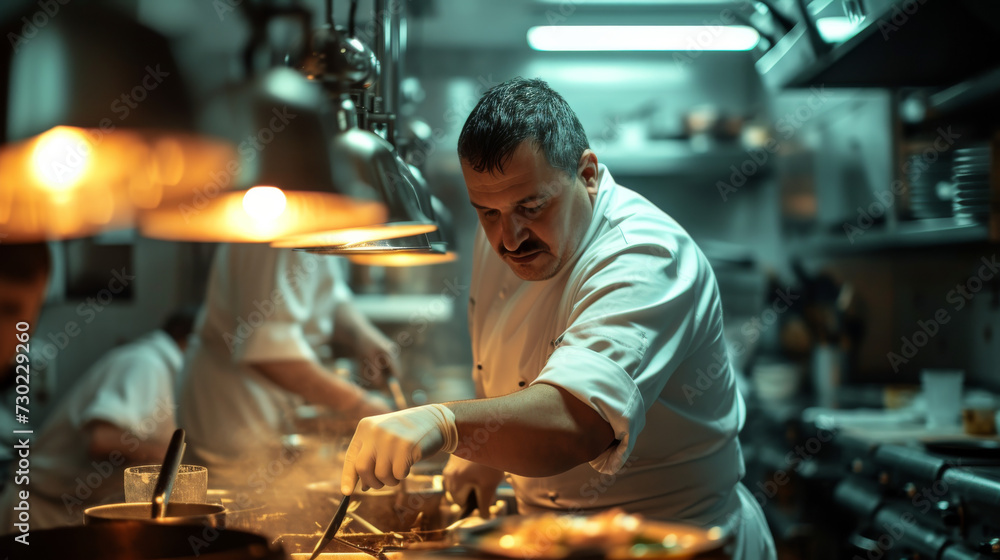 Portrait of professional chef working hard in industrial kitchen at restaurant