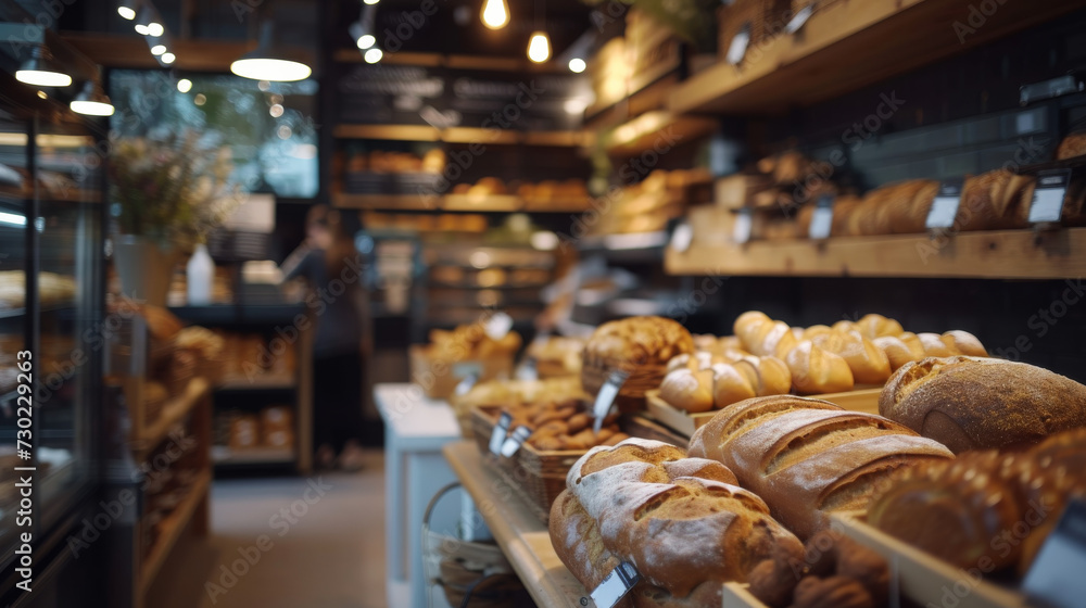 A bakery product display full of delicious buns and bread in a modern and cool bakery shop