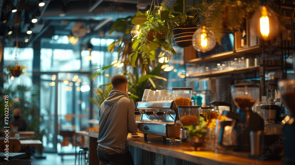 Young hipster waiting for his coffee at bar counter of an urban floral cafe full of greenery and modern decoration