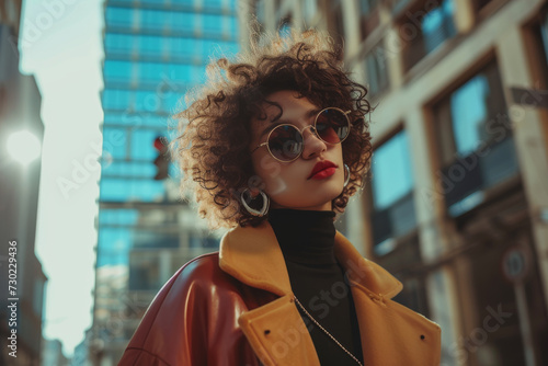 Portrait of a young cool beautiful female influencer with red sunglasses in urban metropolitan streets in raw photo style  photo