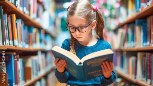 a girl reading a book in library with a bookshelf background , horizontal background, copy space for text, world book day