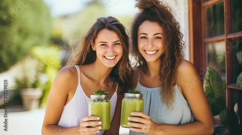 Green detox juice concept. Happy girls with a jar of detox juice.