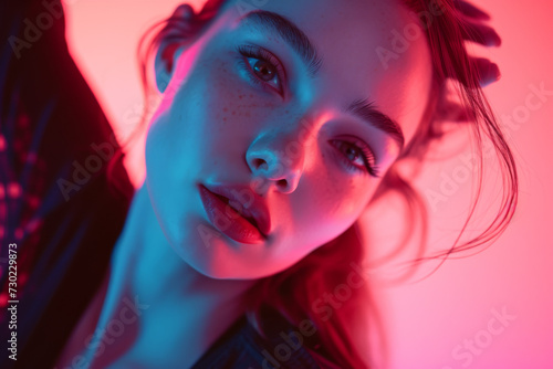 Studio photoshoot of young beautiful woman in pink and blue neon lighting