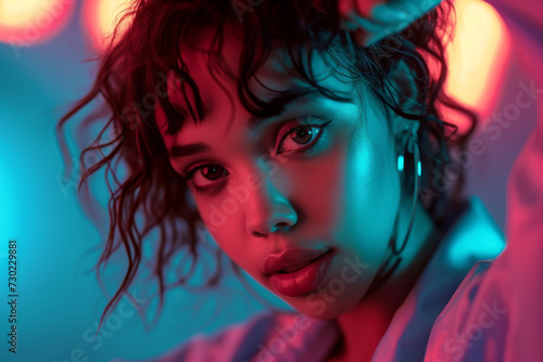 Studio photoshoot of young black beautiful woman in pink and blue neon lighting