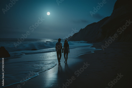 A happy couple strolling at the beach shore at night with the moon romantically shining with blue colors