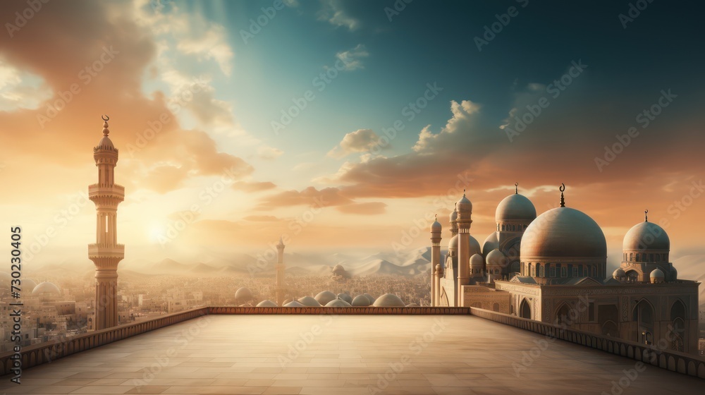 Islamic mosque background with a beautiful view of nature and clouds effect