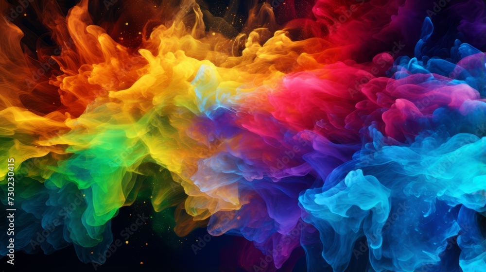 A vibrant and colorful cloud of smoke against a dark backdrop