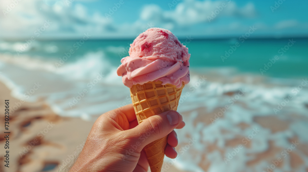 Pink ice cream in a waffle raschka in hand on the background of a beautiful sea beach in the summer heat