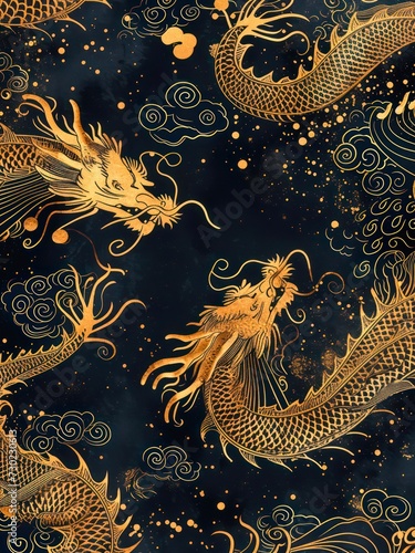Golden Chinese dragons on black background.