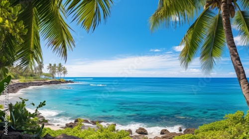 Lush tropical palm trees framing a postcard worthy ocean scene © Cloudyew
