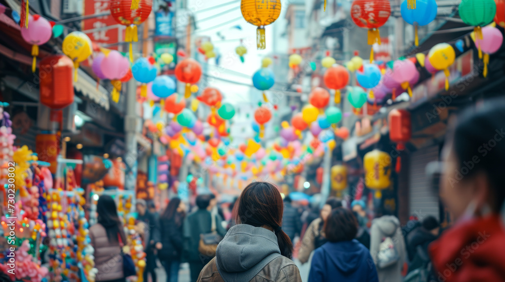People celebrating lunar new year in asian city streets with lots of lanterns People celebrating lunar new year in asian city streets with lots of lanterns