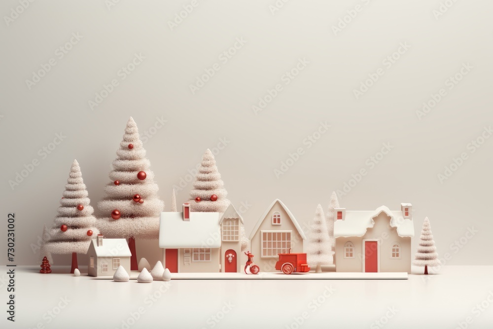 Fototapeta premium Festive christmas village with beautifully decorated trees, copay space
