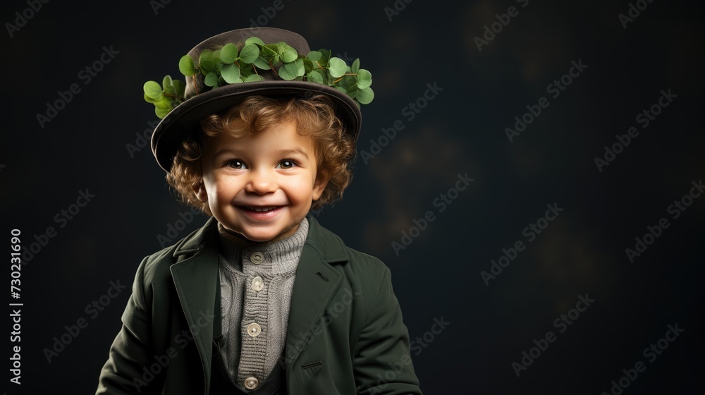cute kid wearing shamrock on solid green background with copy space. cute kid wearing shamrock on solid green background with copy space.