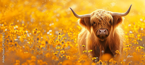  The Highland cow on the orange background. Scottish breed of rustic cattle