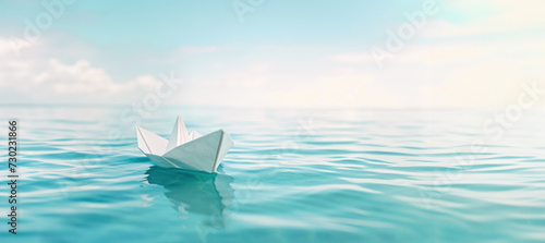 Paper Boat Sailing on Calm Water, banner with copy space 