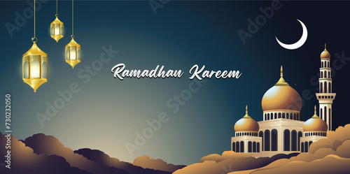 Ramadan Kareem vector banner with paper cut arabic lanterns, clouds, mosque. Traditional background for the Muslim holy month