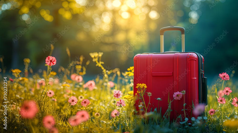modern suitcase on the flowering background. concept of spring holidays  - obrazy, fototapety, plakaty 