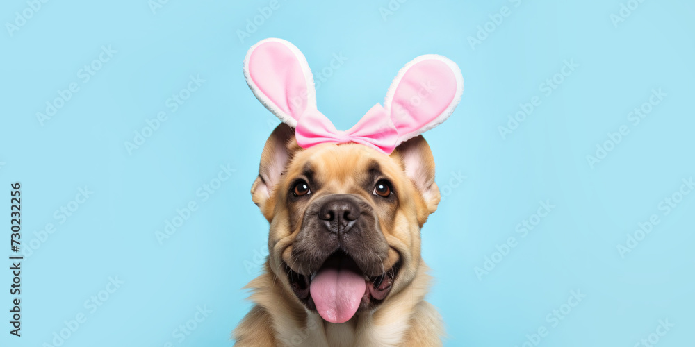 Obraz premium Dog wearing Easter bunny ears in fornt of light blue background