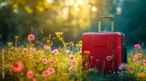 modern suitcase on the flowering background. concept of spring holidays  photo