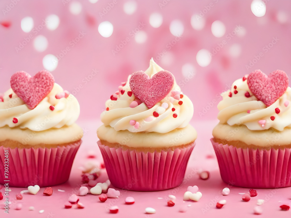 Row of tasty cupcakes on pink background, space for text. Valentine's Day celebration