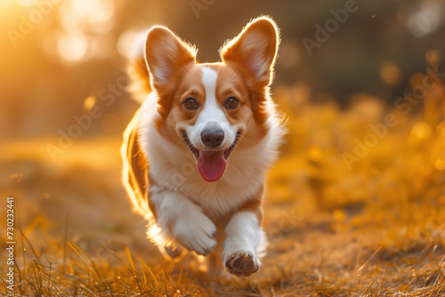 happy corgi running in the park. Created with Generative AI technology