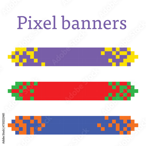 Vibrant Collection of Pixel Colored Banners on a White Background: Vector Illustrations Ideal for Livening Up Your Design with a Retro Touch and Modern Taste, Created for Maximum Attention Attraction