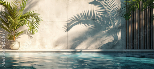 A pool featuring a palm tree with its shadow cast, embodying the idea of a summer getaway.