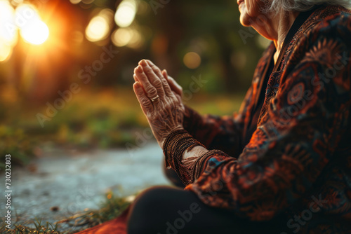 Elderly woman doing yoga outdoors, leisure activities for seniors healthy lifestyle