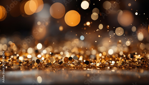 Brightly lit celebration with shiny gold decorations and confetti generated by AI