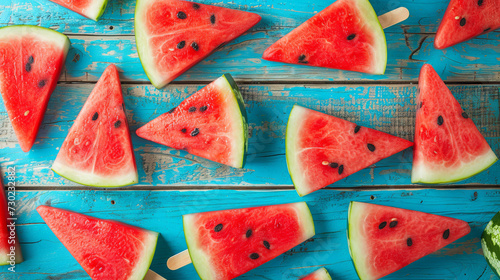 Watermelon slices placed on a blue wooden background  setting a summery scene.