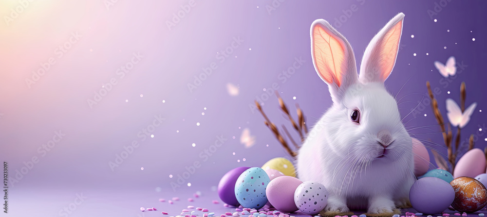 white rabbit with easter eggs on the purple background, light pastel color, copy space for text white rabbit with easter eggs on the purple background, light pastel color, copy space for text