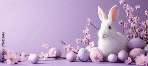 white rabbit with easter eggs and flowering branch on the purple background
