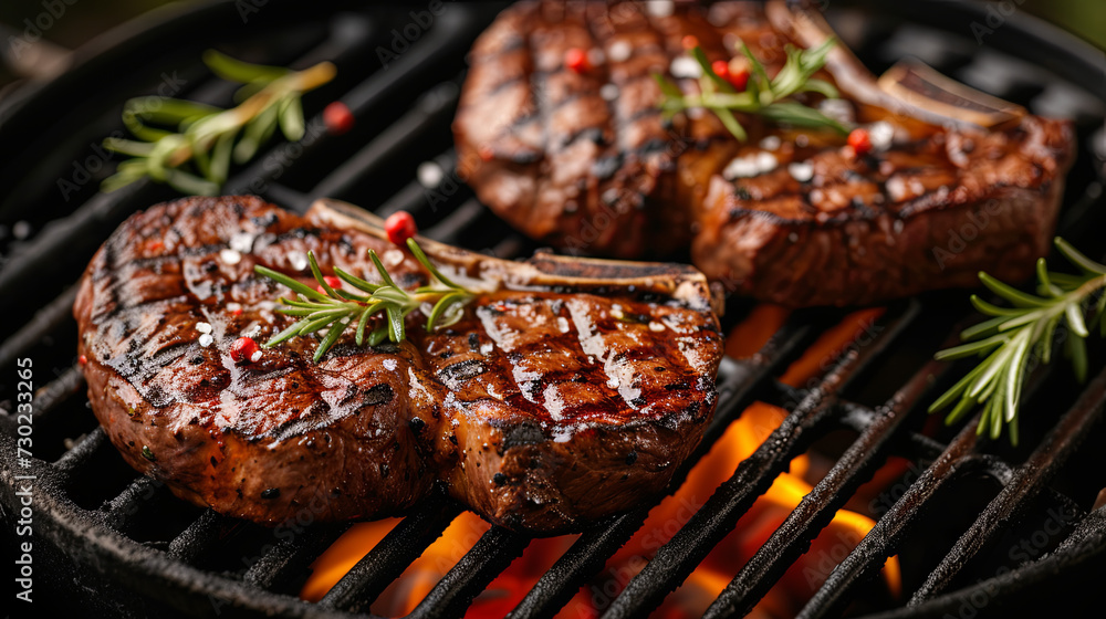 grilled meat is cooking meat over aon hot surface, imparting a smoky flavor and distinctive char marks. Concept of with outdoor cooking, barbecues. grilled meat is cooking meat over aon hot surface, imparting a smoky flavor and distinctive char marks. Concept of with outdoor cooking, barbecues.