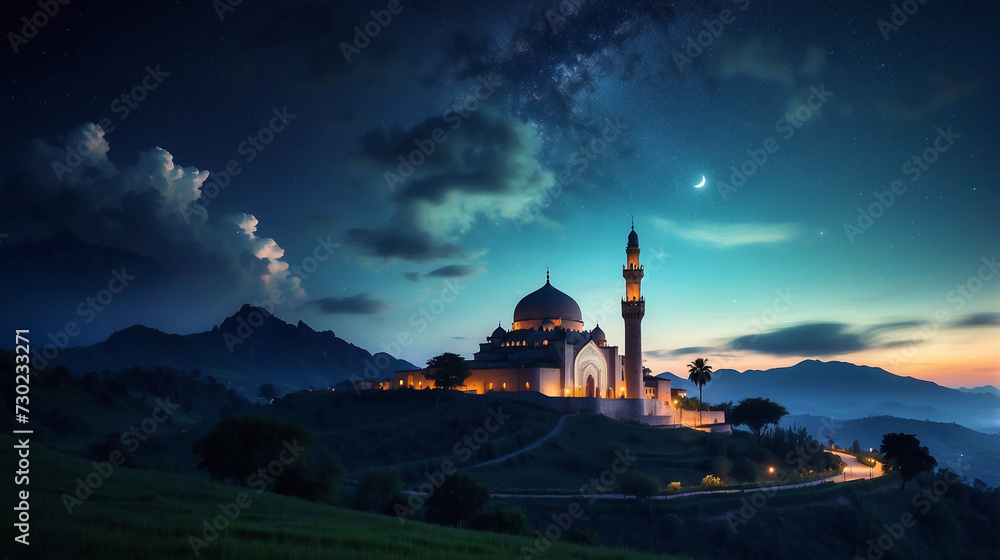 mosque at the beautyful village behind the hill in the night with cloud soft color of the sky Crescent moon and stars amazing night