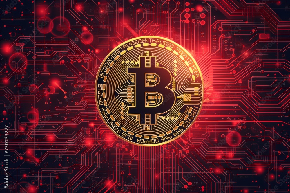 An illustration featuring Bitcoin representation, useful for discussing the crypto currency, networking, blockchain, mining, and bitcoin halving event. Generative AI. An illustration featuring Bitcoin representation, useful for discussing the crypto currency, networking, blockchain, mining, and bitcoin halving event. Generative AI.