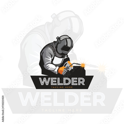 Welder working with weld helmet in badge design style