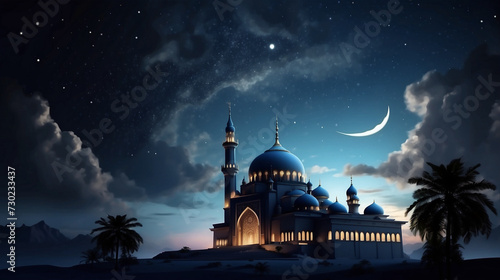 mosque at the beautyful village behind the hill in the night with cloud soft color of the sky Crescent moon and stars amazing night photo