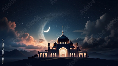 mosque at the beautyful village behind the hill in the night with cloud soft color of the sky Crescent moon and stars amazing night © pow McD