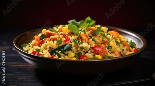 Colorful and varied favorite - Mexican risotto with vegetables and chicken.