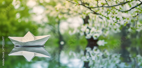 Paper Boat on Reflective Water Surface with blooming trees 