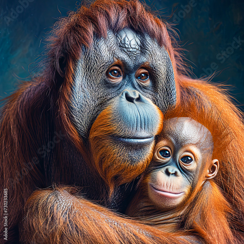 In the Arms of Nature: An Orangutan's Unspoken Love. A tender portrait of a brown orangutan mother with her baby in a forest backdrop.