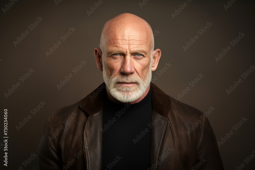 Portrait of a senior man with grey hair and beard wearing a leather jacket.