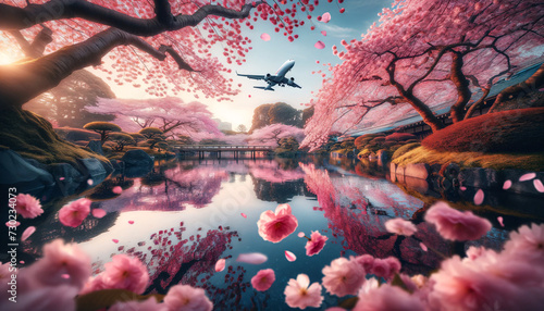 Plane Over Cherry Sakura Petals Falling by Garden Pond