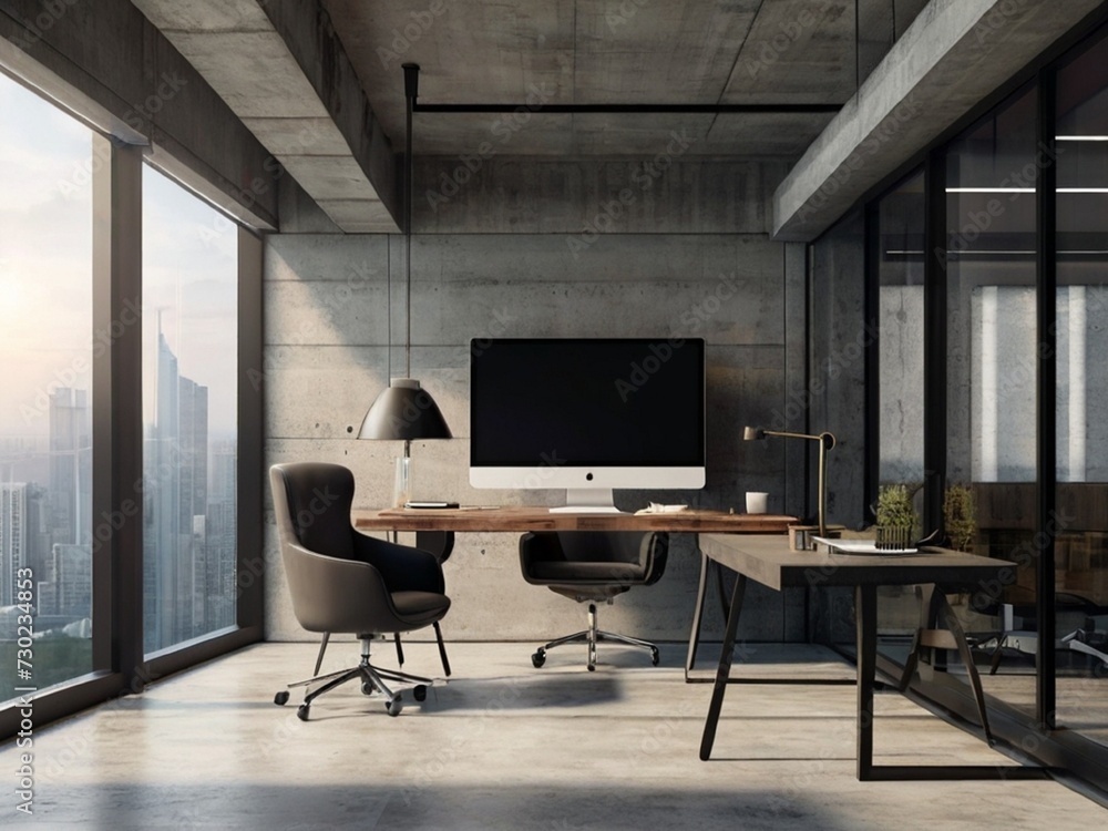 Contemporary concrete office interior with city view, daylight, furniture and equipment. 3D Rendering
