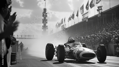 Fotografie Vintage race cars speeding during a historic grand prix event, crowd cheering