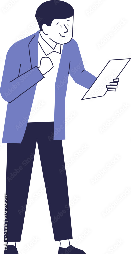 A joyful man reads a document. Excellent result, success. A joyful man reads a document. Excellent result, success.