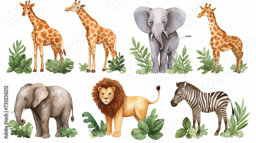 watercolour illustration of lion  giraffe  zebra and elephant on the white background. set of safari animals 
