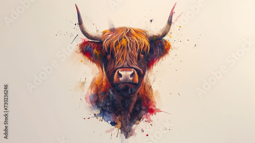watercolour illustration of The Highland cow, long horns and a long shaggy coat. Scottish breed of rustic cattle photo