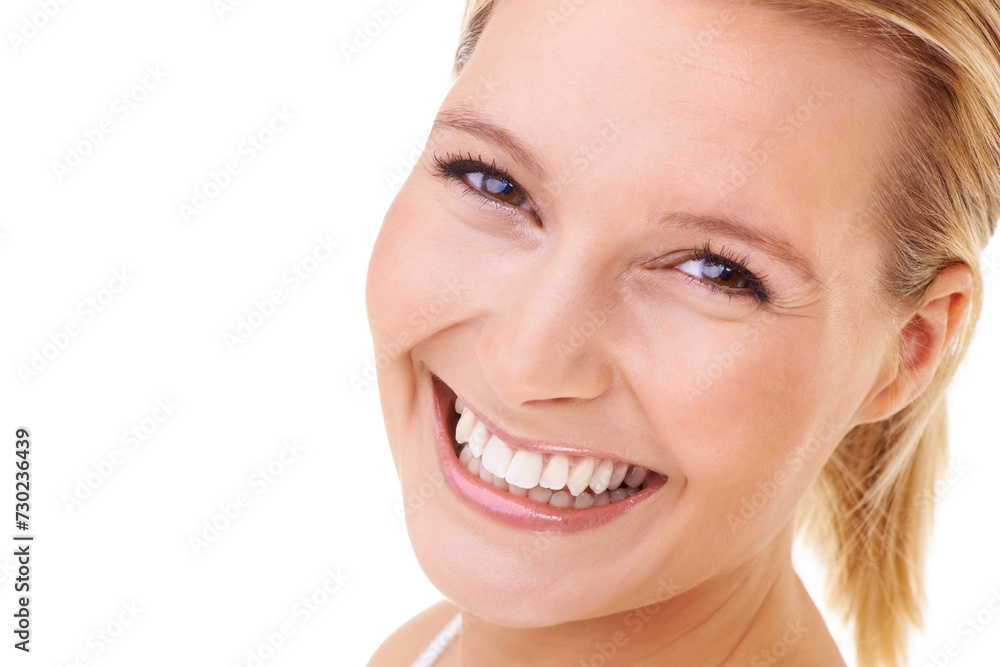 Portrait, skincare and beauty of happy woman, glow and studio isolated on a white background. Face, shine and blonde model in makeup cosmetics, dermatology and spa facial treatment on mockup space Portrait, skincare and beauty of happy woman, glow and studio isolated on a white background. Face, shine and blonde model in makeup cosmetics, dermatology and spa facial treatment on mockup space